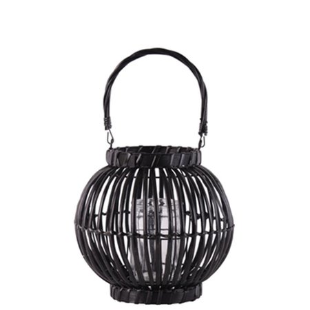 URBAN TRENDS COLLECTION Hurricane Candle Holder  Lattice Wood Bellied Round Lantern with Rope Handle Black Medium 55005